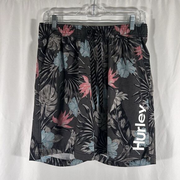 Hurley Board Shorts Men's Medium Grey Hawaiian Pull On Drawstring Pockets Lined - Picture 1 of 8